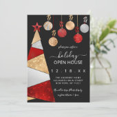 Red Gold Glitter Tree Ornamenten Holiday Open Hous Kaart (Staand voorkant)