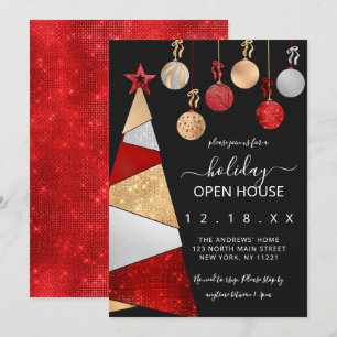 Red Gold Glitter Tree Ornamenten Holiday Open Hous Kaart