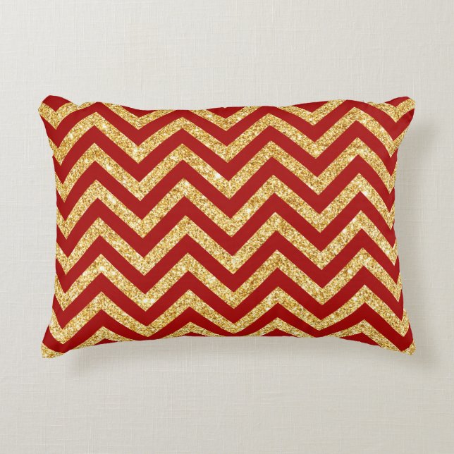 Red Gold Glitter Zigzag Stripes Chevron Pattern Decoratief Kussen (Voorkant)