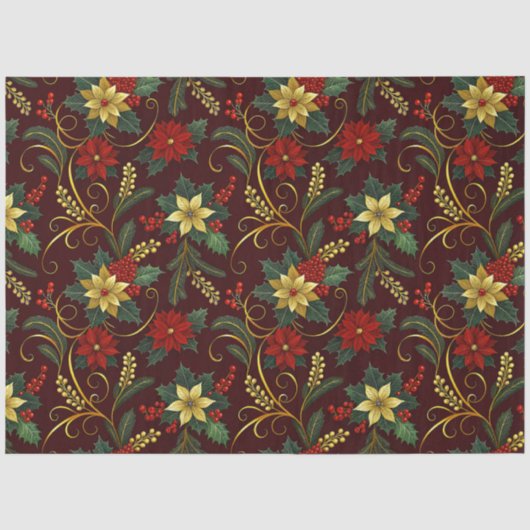 Red Gold Green Christmas Florals Decoupage Tissuepapier (Voorkant)