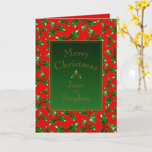 Red Gold Green Holly Berry Pattern - Gepersonalise Kaart (Gele Bloem)