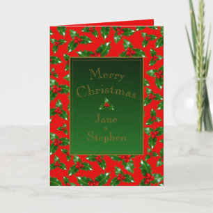 Red Gold Green Holly Berry Pattern - Gepersonalise Kaart