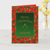 Red Gold Green Holly Berry Pattern - Gepersonalise Kaart (Gele Bloem)