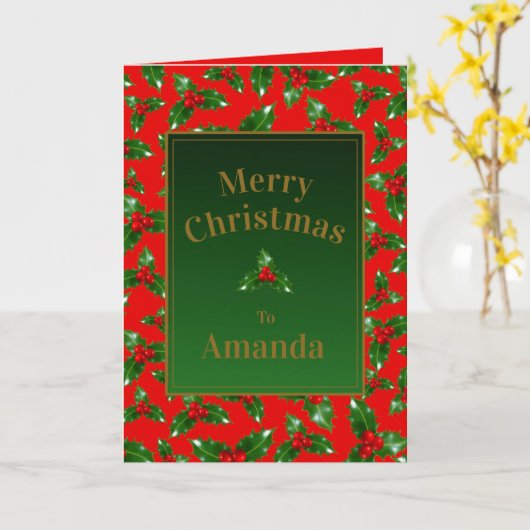 Red Gold Green Holly Berry Pattern - Gepersonalise Kaart (Gele Bloem)