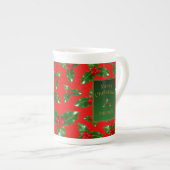 Red Gold Green Holly Berry Pattern - Gepersonalise Porselein Kop (Voorkant rechts)