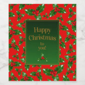 Red Gold Green Holly Berry Pattern - Gepersonalise Wijn Etiket (Enkel label)