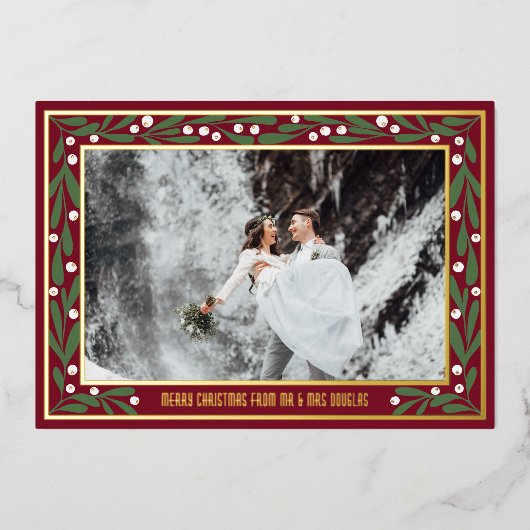 Red Gold Green Mistoetoe Frame Merry Christmas Folie Feestdagenkaart (Voorkant)