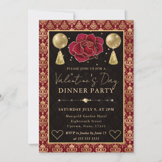 Red & Gold Heart Damask & Rose Valentine's Dinner Kaart (Voorkant)