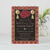 Red & Gold Heart Damask & Rose Valentine's Dinner Kaart (Staand voorkant)
