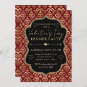 Red & Gold Heart Damask Valentine's Dinner Party Kaart (Voorkant / Achterkant)