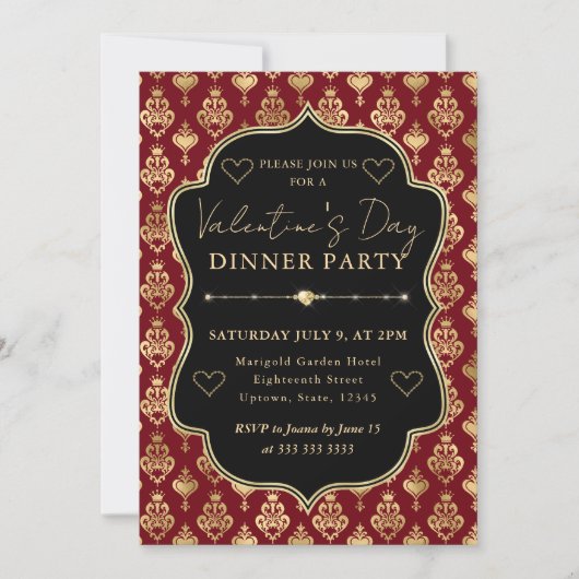 Red & Gold Heart Damask Valentine's Dinner Party Kaart (Voorkant)