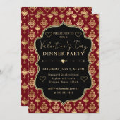 Red & Gold Heart Damask Valentine's Dinner Party Kaart (Voorkant / Achterkant)