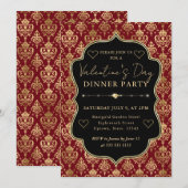 Red & Gold Heart Damask Valentine's Dinner Party Kaart (Voorkant / Achterkant)