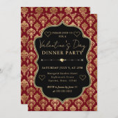 Red & Gold Heart Damask Valentine's Dinner Party Kaart (Voorkant / Achterkant)