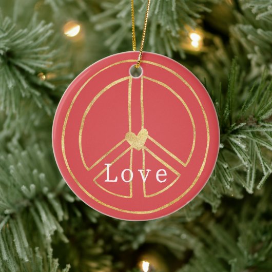Red Gold Heart Peace Sign Love Christmas Keramisch Ornament (Boom)