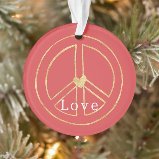Red Gold Heart Peace Sign Love Christmas Ornament (Boom)
