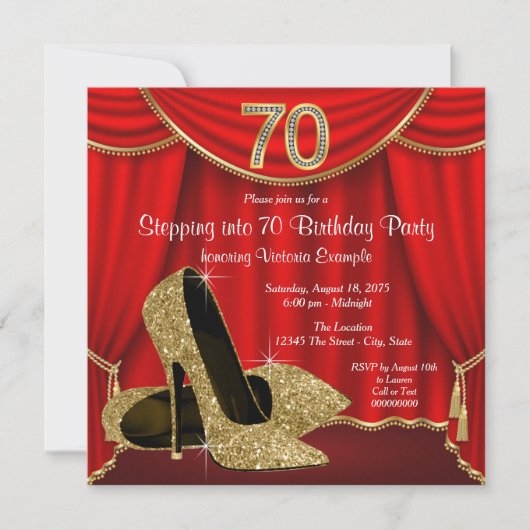 Red Gold High Heel Stap in 70 Verjaardagsfeest Kaart (Voorkant)