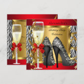 Red Gold High Heels Zebra Champagne Birthday Party Kaart (Voorkant / Achterkant)