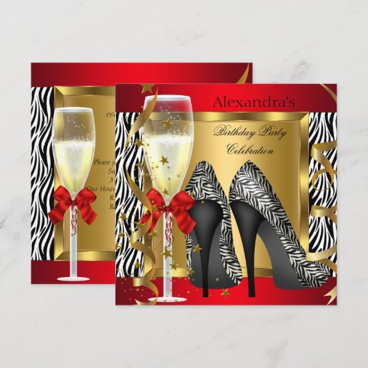 Red Gold High Heels Zebra Champagne Birthday Party Kaart (Voorkant / Achterkant)