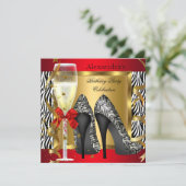 Red Gold High Heels Zebra Champagne Birthday Party Kaart (Staand voorkant)
