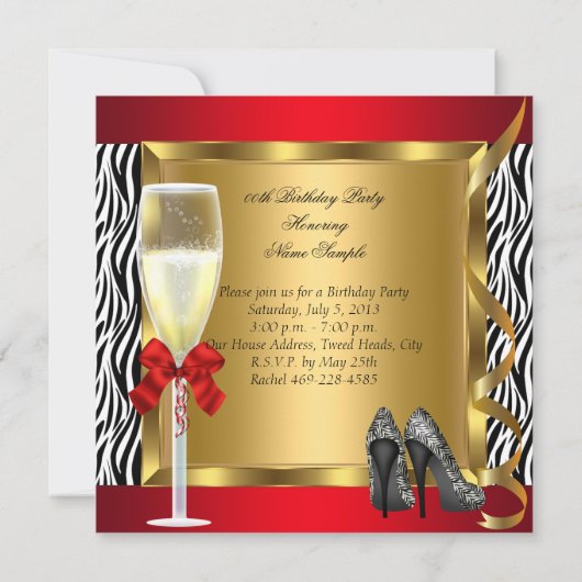 Red Gold High Heels Zebra Champagne Birthday Party Kaart (Achterkant)