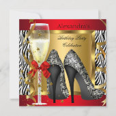 Red Gold High Heels Zebra Champagne Birthday Party Kaart (Voorkant)