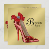 Red Gold High Hiel Birthday Party Invitation Kaart (Voorkant / Achterkant)