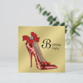 Red Gold High Hiel Birthday Party Invitation Kaart (Staand voorkant)