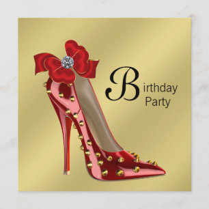 Red Gold High Hiel Birthday Party Invitation Kaart