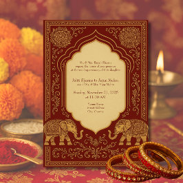 red gold hindu elephant ornate mandala wedding kaart