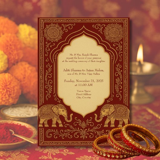 red gold hindu elephant ornate mandala wedding kaart