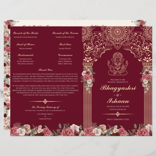 Red & Gold Hindu Wedding Ceremony Folded Program (Voorkant / Achterkant)