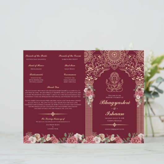 Red & Gold Hindu Wedding Ceremony Folded Program (Staand voorkant)