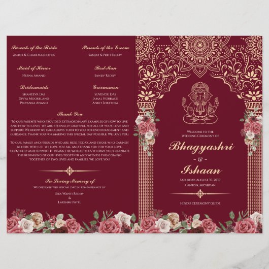 Red & Gold Hindu Wedding Ceremony Folded Program (Voorkant)