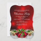Red & Gold Holly Bells kerstparty Invite Kaart (Voorkant)
