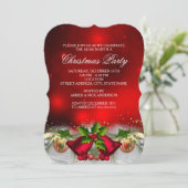Red & Gold Holly Bells kerstparty Invite Kaart (Staand voorkant)