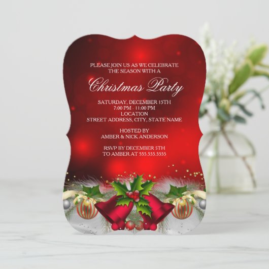 Red & Gold Holly Bells kerstparty Invite Kaart (Staand voorkant)