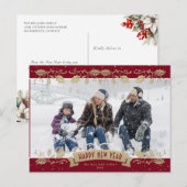 Red Gold Holly Berries Photo Happy New Year Feestdagenkaart (Voorkant / Achterkant)