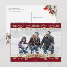 Red Gold Holly Berries Photo Happy New Year Feestdagenkaart