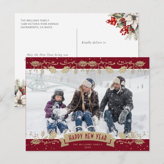 Red Gold Holly Berries Photo Happy New Year Feestdagenkaart (Voorkant / Achterkant)