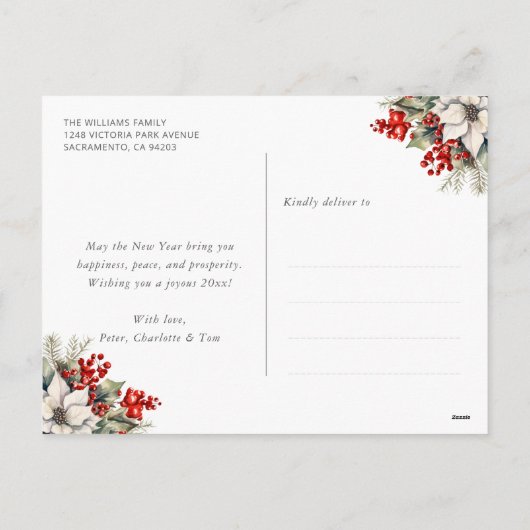 Red Gold Holly Berries Photo Happy New Year Feestdagenkaart (Achterkant)