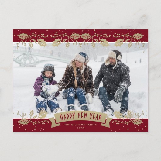 Red Gold Holly Berries Photo Happy New Year Feestdagenkaart (Voorkant)