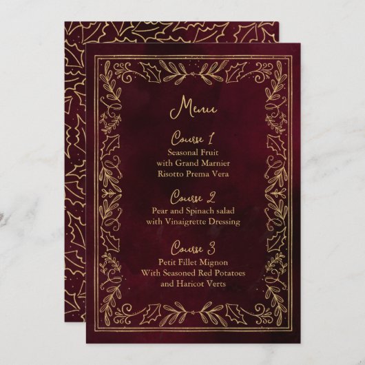 Red Gold Holly Berry kerstbruiloft Menu (Voorkant / Achterkant)