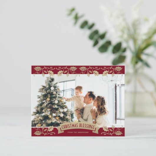 Red Gold Holly Christmas Blessings Christian Photo Feestdagenkaart (Staand voorkant)