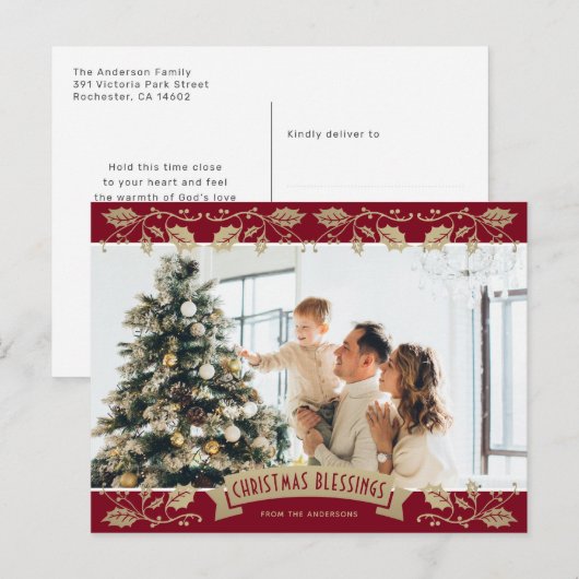 Red Gold Holly Christmas Blessings Christian Photo Feestdagenkaart (Voorkant / Achterkant)