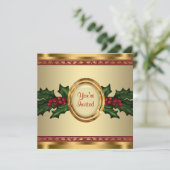 Red Gold Holly Corporate Christmas Party Kaart (Staand voorkant)
