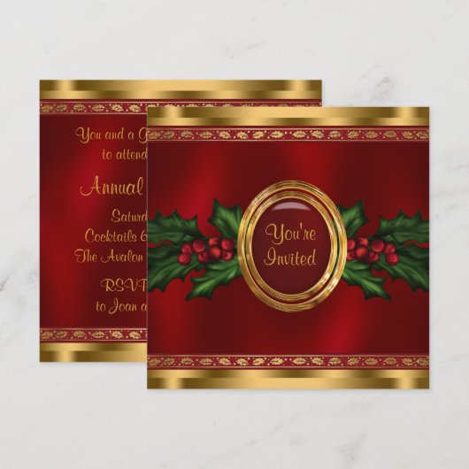 Red Gold Holly Corporate Christmas Party Kaart (Voorkant / Achterkant)