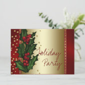 Red Gold Holly Corporate Christmas Party Kaart (Staand voorkant)