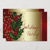 Red Gold Holly Corporate Christmas Party Kaart (Voorkant / Achterkant)