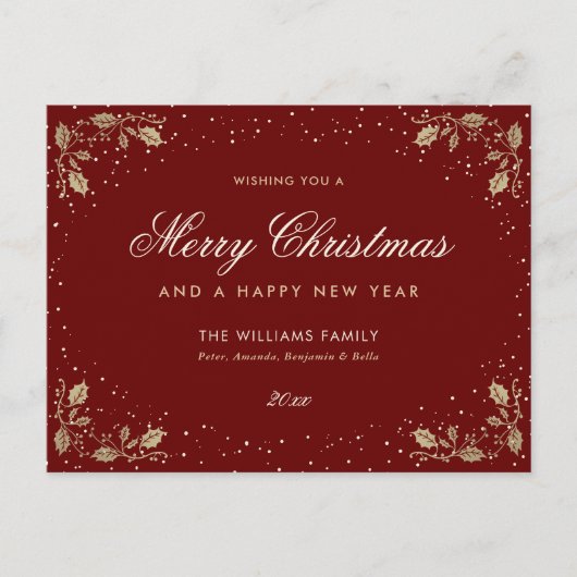 Red Gold Holly Snow Feestdagenkaart (Voorkant)